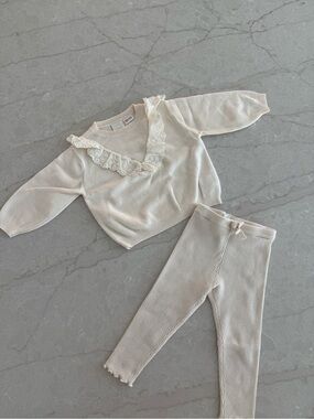Zara Cream Ruffle Knit Top and Ribbed Leggings Set